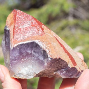 Auralite-23 Crystal (Canadian Chevron Amethyst)  : 258 gram ~ *RARE* Bright Red Shimmering Elestial Cap Wand w Bold Amethyst Stem