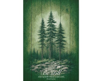 Väggkonst i stillhet, Psalm 46:10-tryck, rustik kristen skogsdekor, väggkonst i grönt trä, väggkonst i bibelstil, stugdekor