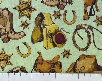 Cowboy Cowgirl Fabric Western Themed Hats Saddles Boots Horseshoes
