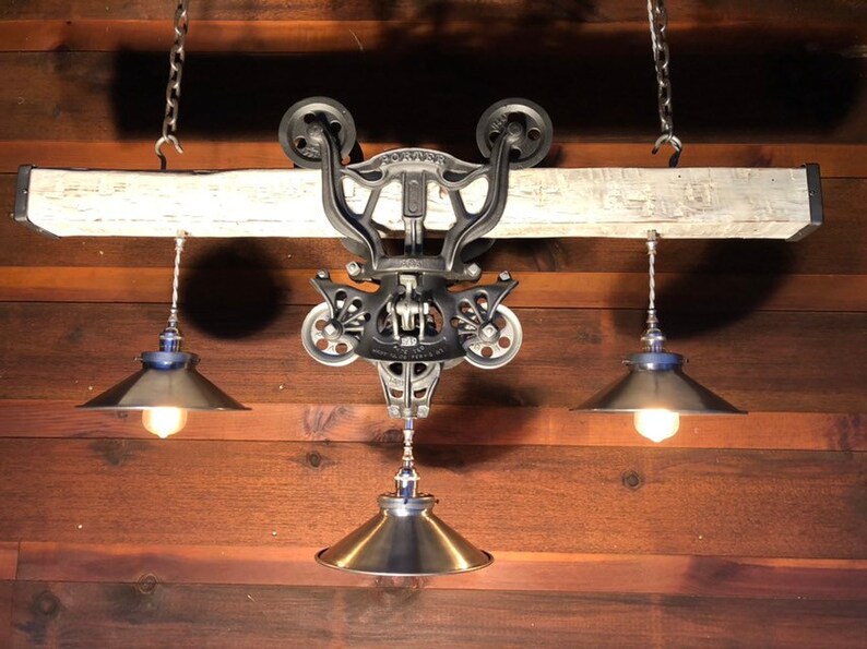 Farmhouse Hay Trolley Chandelier Pulley Rustic Light