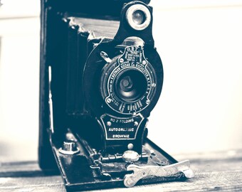 Vintage Kodak Camera Photo, Antique Folding Brownie Camera, Retro Decor, Black and White Photo, Still Life, Office Decor, Shabby Chic