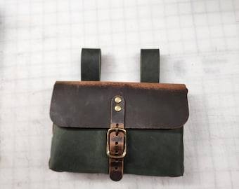 Leather Belt Pouch for Renaissance Faire, Camping, Hiking - Evergreen and Crazy Horse Brown Leather - Large Pouch