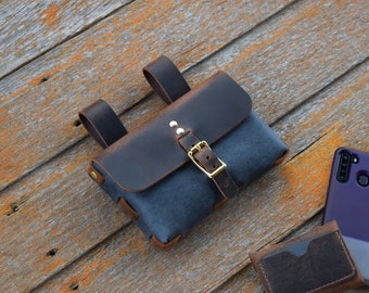 Leather Belt Pouch in Denim Blue and Crazy Horse Brown Leather - Belt Pouch - LARP, Renaissance, Camping, Hiking - Ready to Ship