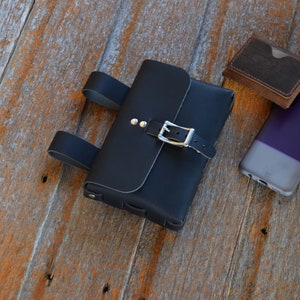 Leather Belt Pouch for Renaissance Faire, Camping, Hiking - Matte Black Leather - Large Pouch