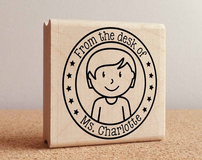 Personalized Teacher Rubber Stamp, Custom Teacher Stamp - Choose Hairstyle and Accessories