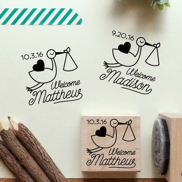 Personalized Birth Announcement Rubber Stamp, Birth Announcement Stamp with Stork