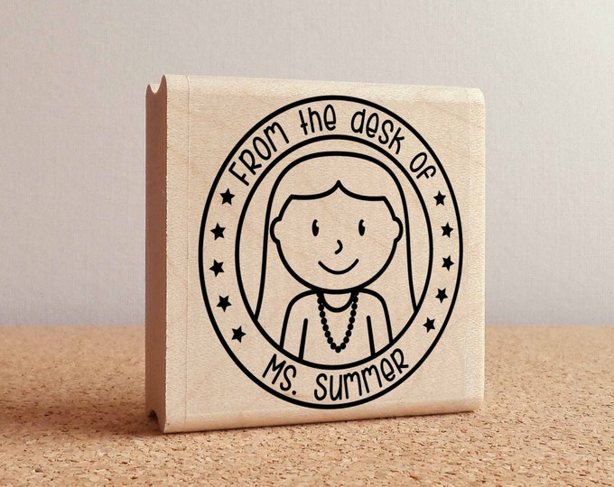 Personalized Teacher Rubber Stamp, Custom Teacher Stamp - Choose Hairstyle and Accessories