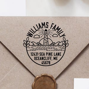 Self Inking Personalized Beach Address Stamp | Self-Inking Coastal Return Address Stamp with Ocean & Lighthouse Design