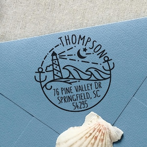 Beach Address Stamp | Personalized Return Address Stamp with Lighthouse and Ocean | Custom Nautical Address Stamper