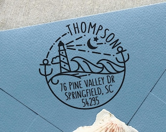 Beach Return Address Rubber Stamp | Personalized Lighthouse and Ocean Design | Custom Nautical Gift