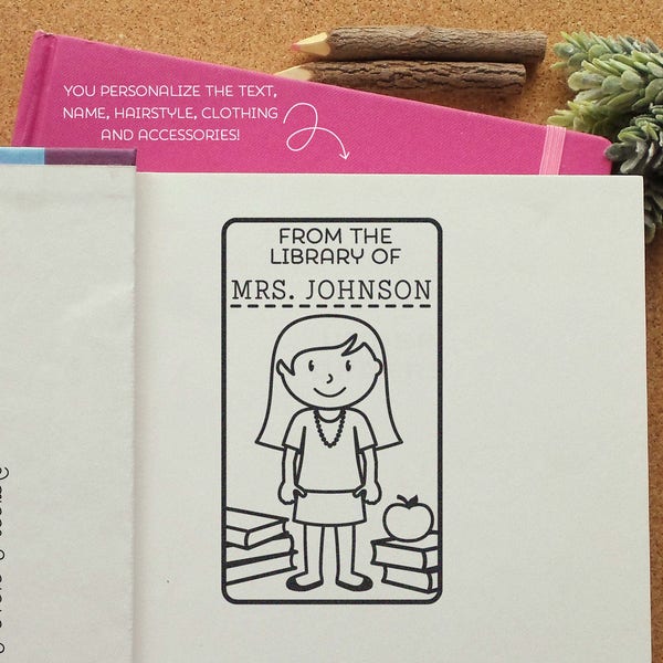 May include: Black and white illustration of a teacher with a stack of books and an apple. The text reads "From the Library of Mrs. Johnson".