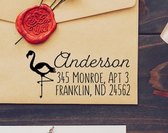 Flamingo Return Address Rubber Stamp | Personalized Self Inking Design for Weddings or Housewarming
