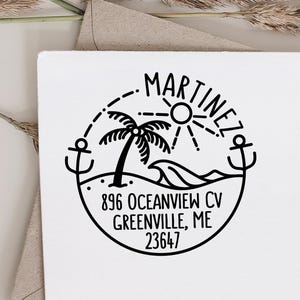 Beach Return Address Stamp | Round Custom Ocean Address Stamp with Palm Tree | Rustic Nautical Gift