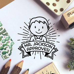 Custom Face Stamp for Classroom and Grading | Personalized Male Teacher Rubber Stamp | Book Lover Gift