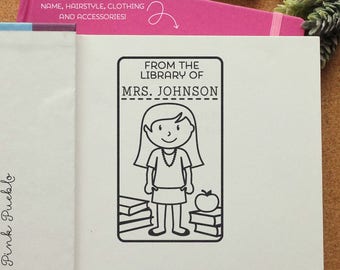 Teacher Book Stamp, Personalized Custom Bookplate Rubber Stamp, Teacher Stamps - Choose Hairstyle, Clothing and Name