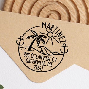 Self Inking Return Address Stamp with Beach, Round Self Inking Return Address Stamp with Ocean