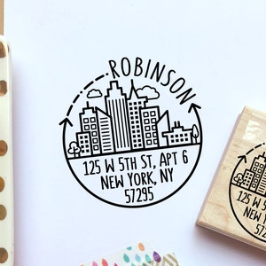 City Skyline Address Stamp, Return Address Stamp with Modern Geometric Cityscape