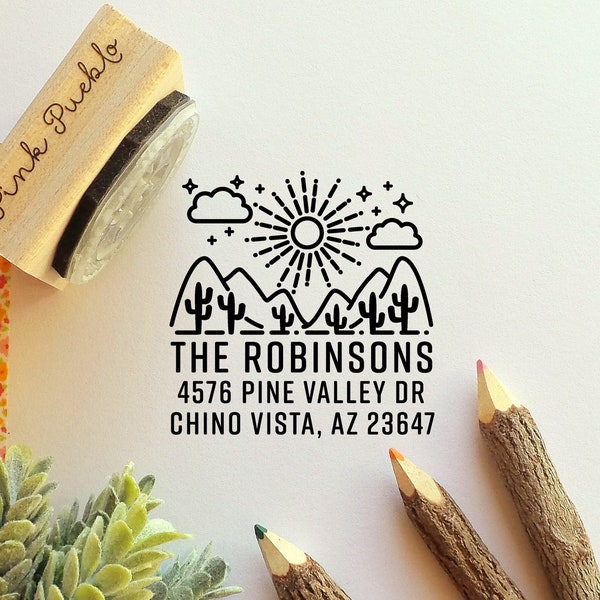 Personalized Modern Return Address Stamp with Desert, Cactus and Mountains