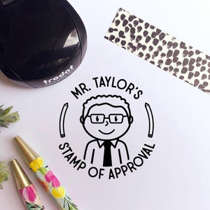 Mini Self Inking Teacher Stamp for Men | Personalized Rubber Stamp Gift | Custom Male Teacher Stamp with Hairstyle Option