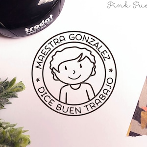 Mini Self-Inking Spanish Teacher Stamp, Personalized Teacher Gift - Choose Hairstyle and Accessories