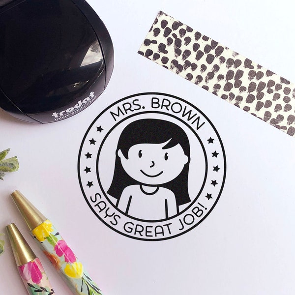 Mini Self Inking Teacher Stamp, Personalized Teacher Stamps, Teacher Gifts - Choose Hairstyle and Accessories