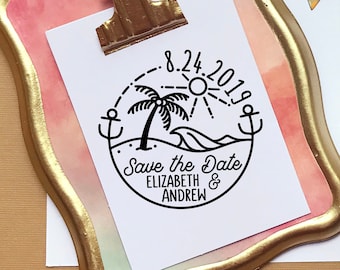 Self Inking Beach Save the Date Stamp, Round Self-Inking Save the Date Stamp for Destination Weddings