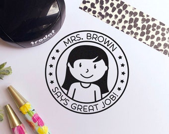 Mini Self Inking Teacher Stamp, Personalized Teacher Stamps, Teacher Gifts - Choose Hairstyle and Accessories