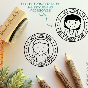 Personalized Female Teacher Rubber Stamp, Custom Teacher Stamp, Personalized Teacher Gift - Choose Hairstyle and Accessories