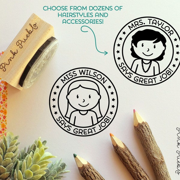 Personalized Female Teacher Rubber Stamp, Custom Teacher Stamp, Personalized Teacher Gift - Choose Hairstyle and Accessories