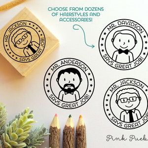 Personalized Male Teacher Rubber Stamp, Custom Teacher Stamp Choose Text, Hairstyle image 1