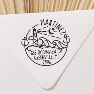 Self Inking Return Address Stamp, Round Self Inking Return Address Stamp with Beach and Lighthouse