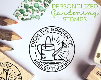 Gepersonaliseerd uit de tuin van rubberen stempel | Aangepast inblikkend label | Uniek tuinmancadeau