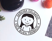 Mini Self-Inking Spanish Teacher Stamp, Personalized Teacher Gift Stamp - Choose Hairstyle and Accessories