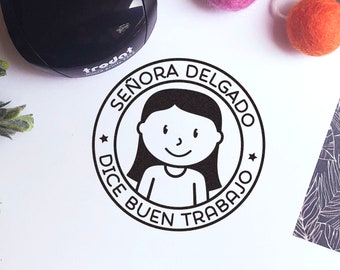 Mini Self-Inking Spanish Teacher Stamp, Personalized Teacher Gift Stamp - Choose Hairstyle and Accessories