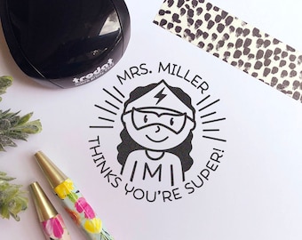 Mini Self Inking Superhero Teacher Stamp, Personalized Teacher Gift