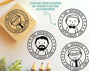 Personalized Male Teacher Rubber Stamp, Custom Teacher Stamp - Choose Text, Hairstyle