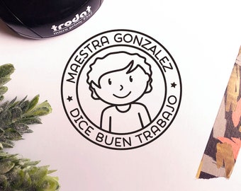 Mini Self-Inking Spanish Teacher Stamp, Personalized Teacher Gift - Choose Hairstyle and Accessories