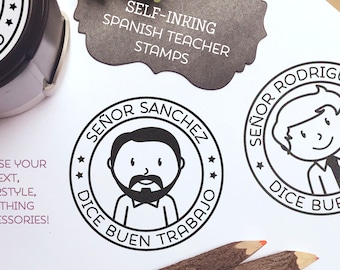 Self Inking Spanish Teacher Stamp, Spanish Teacher Gift - Choose Hairstyle and Accessories