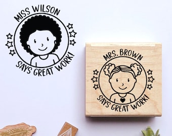 Personalized Custom Teacher Rubber Stamp, Customized Teacher Gift - Choose Hairstyle and Jewelry