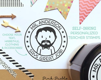 Self Inking Teacher Stamps, Personalized Teacher Gifts, Teacher Stamps Great Job - Choose Hairstyle and Accessories