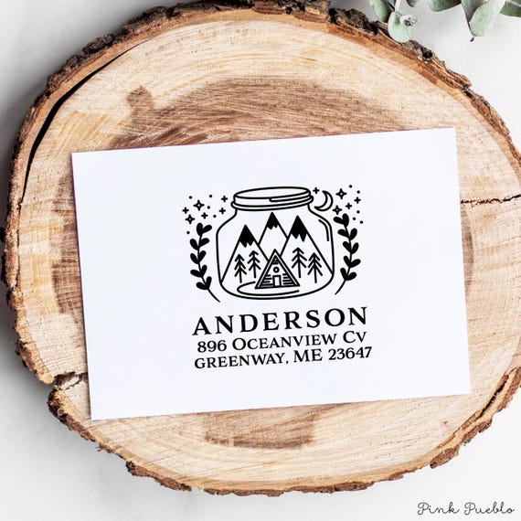 Mountain Return Address Rubber Stamp | Camping-Inspired Custom Stamp in a Cozy Cabin Mason Jar | Personalized Housewarming Gift