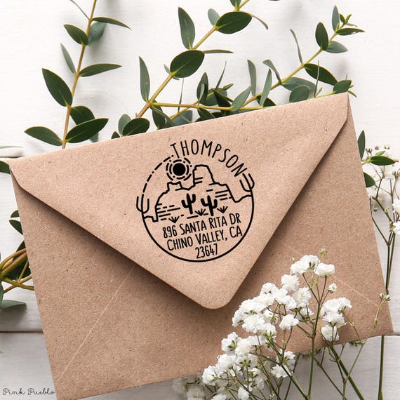 Desert Themed Return Address Rubber Stamp | Round Self Inking Cactus Design for Housewarming