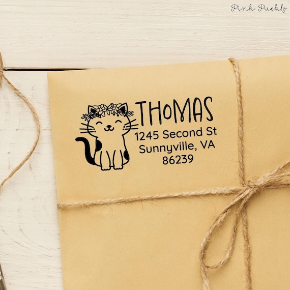 Personalized Cat Return Address Stamp with Floral Crown | Wooden Custom Kitty Stamp for Envelopes, Invitations, and Stationery