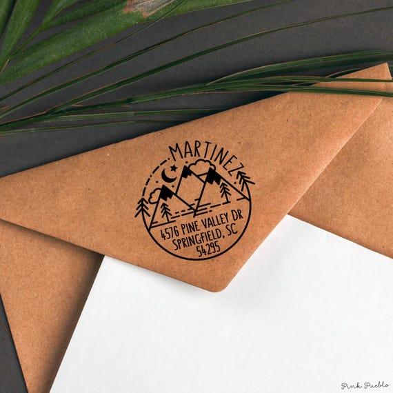 Self Inking Mountain Return Address Rubber Stamp | Round Custom Design for Envelopes and Gifts