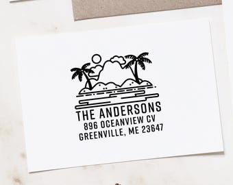 Beach Return Address Rubber Stamp | Personalized Ocean Palm Tree Design | Coastal Housewarming Gift