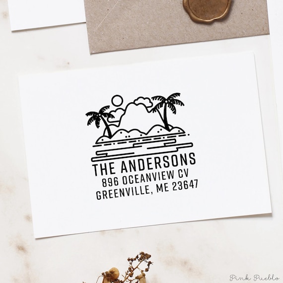 Beach Return Address Rubber Stamp | Personalized Ocean Palm Tree Design | Coastal Housewarming Gift