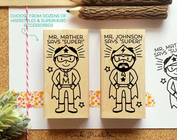 Superhero Teacher Rubber Stamp Teacher Gift Personalized Teacher Stamp Choose Hairstyle And Accessories