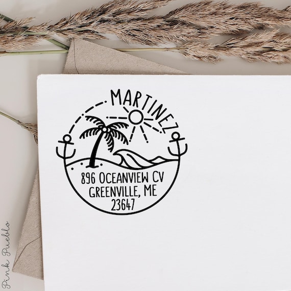 Beach Return Address Stamp | Round Custom Ocean Address Stamp with Palm Tree | Rustic Nautical Gift