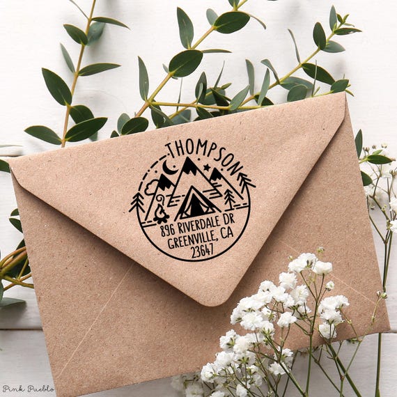Self Inking Return Address Stamp | Camping Scene with Mountains Round Outdoor Design