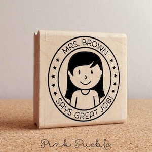 Personalized Female Teacher Rubber Stamp, Custom Teacher Stamp, Personalized Teacher Gift Choose Hairstyle and Accessories image 1